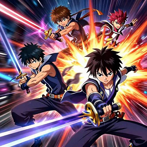 Anime-style digital artwork of four male fighters with spiky hair, wielding glowing swords, in dynamic poses against a radiant, explosive background.