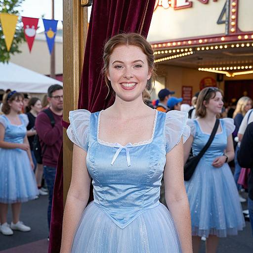 Photograph of a smiling young woman with fair skin and red hair in a blue satin and tulle Cinderella dress, standing in front of a mar