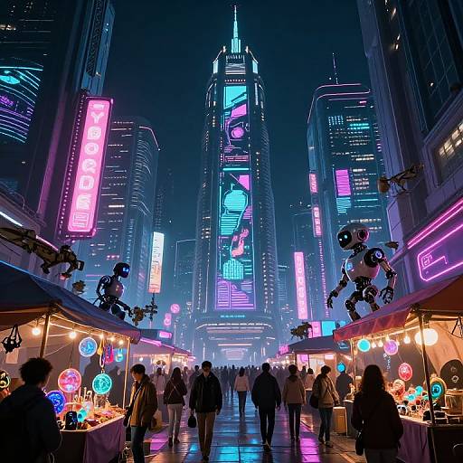 Neon-lit cyberpunk street market at night, bustling with people, colorful glowing signs, and illuminated stalls, flanked by towering skyscrapers