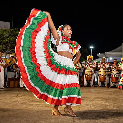Photograph of a joyful, dark-skinned woman in a vibrant Mexican dress with red, green, and white stripes, dancing outdoors at night, surrounded