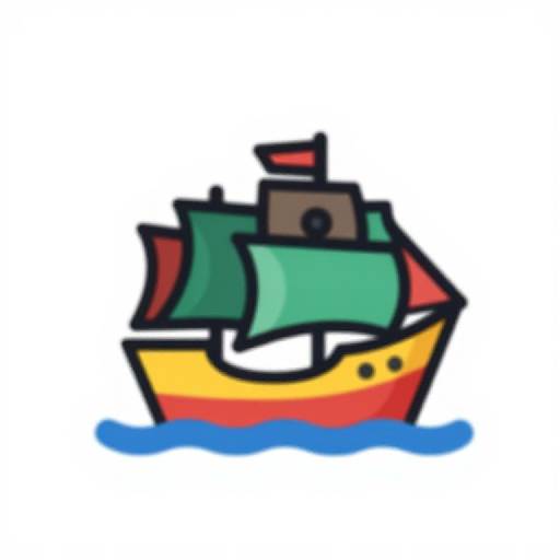 Colorful cartoon-style drawing of a yellow and red ship with green sails, a brown mast, and a red flag, floating on blue water.