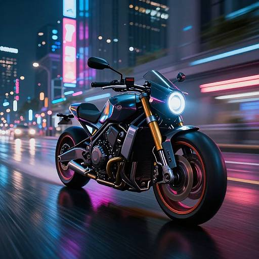 Photograph of a sleek, black sport motorcycle with bright blue headlight speeding through a vibrant, neon-lit city street at night.