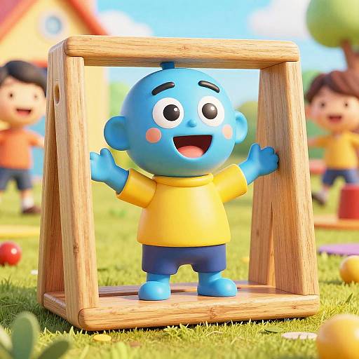 Photorealistic CGI of a blue-skinned, cartoon-style baby with large eyes and blushing cheeks, standing in a wooden frame, outdoors on grass