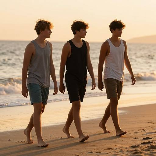 Photograph of three young men walking barefoot on a beach at sunset, wearing tank tops and shorts, silhouetted against the golden sky and