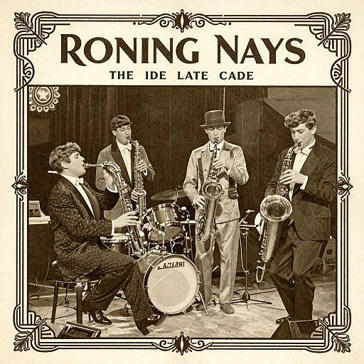 Sepia-toned photograph of four male jazz musicians in vintage suits and hats, playing saxophones and a drum set, with 