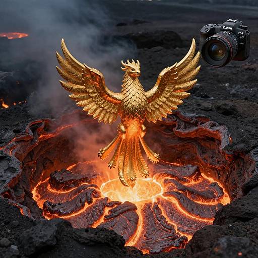 Golden Phoenix Rising in Molten Lava