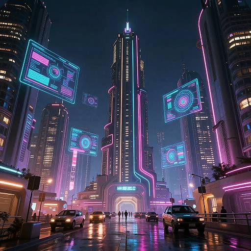 Neon-lit cyberpunk cityscape at night, featuring towering skyscrapers with glowing blue and pink signs, wet street reflecting lights, and distant