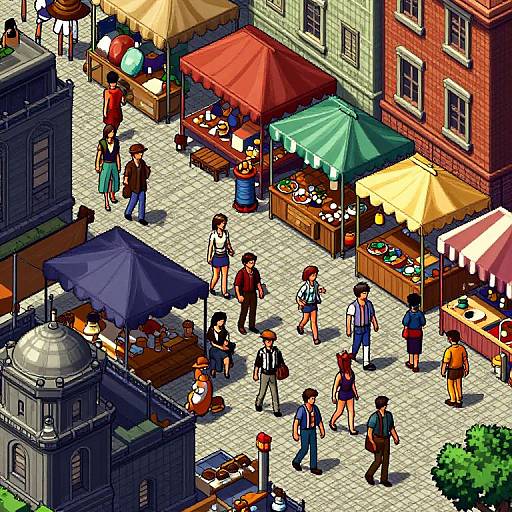 Colorful pixel art of a bustling street market with diverse people, vibrant umbrellas, and various stalls in front of historic buildings.