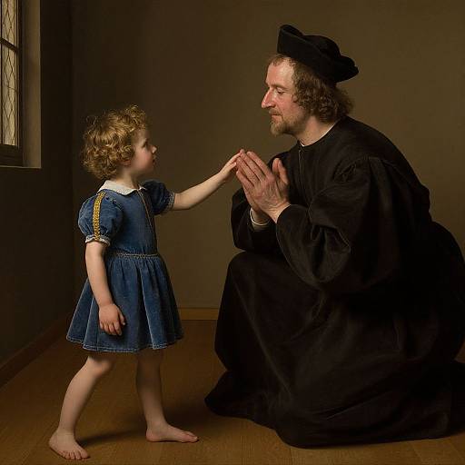 Photograph of a bearded man in black medieval attire kneeling, smiling, and clasping hands with a curly-haired toddler in a blue dress. Dim