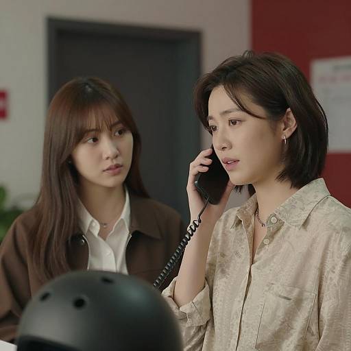 Two Women in Indoor Office Setting with Phone Call