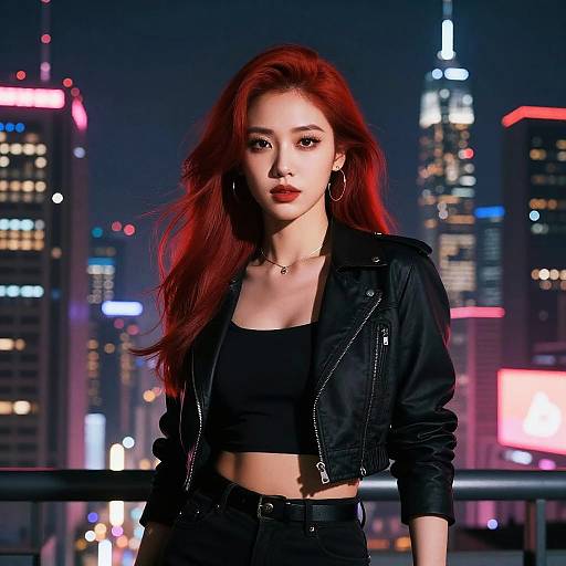 Woman with Red Hair in Neon Cityscape