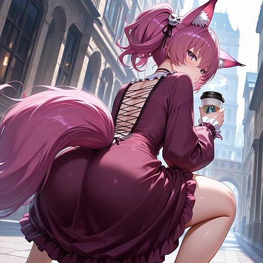 Anime Girl with Fox Ears Holding Coffee in City