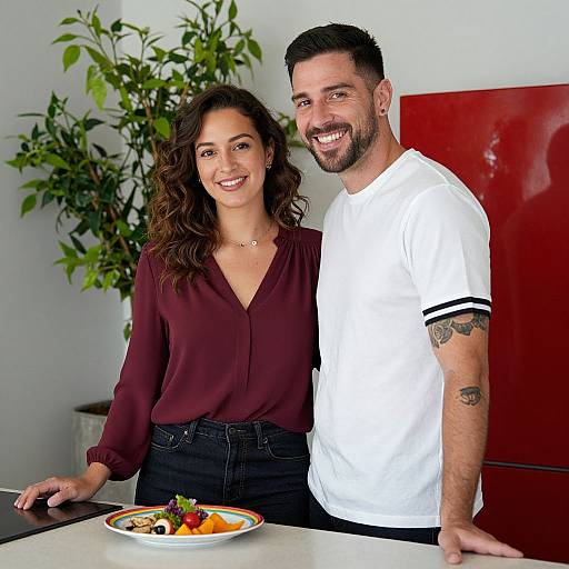 Photograph of a smiling couple; woman with wavy brown hair, maroon blouse, black pants; man with short black hair, white t-shirt