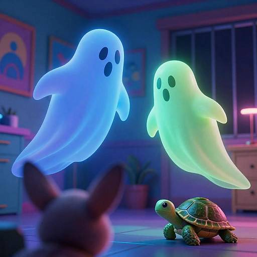 Neon-Lit Room with Ghosts and Furry