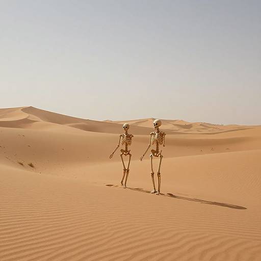 Photograph of two skeletal figures standing side by side in a vast, sunlit desert with rippled sand dunes under a clear, pale blue sky
