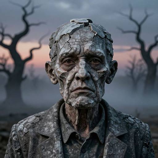 Photorealistic digital art of a cracked, aged stone statue man with a weathered face, set against a misty, twilight forest with barren trees
