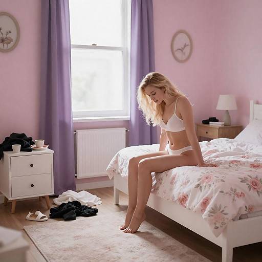 Blonde Woman Sitting on Floral Bed in Pink Bedroom