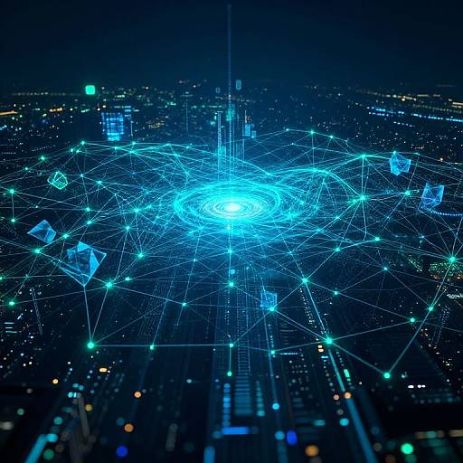 Digital CGI image of a glowing blue network sphere above a dark cityscape, with neon lines and lights connecting buildings.