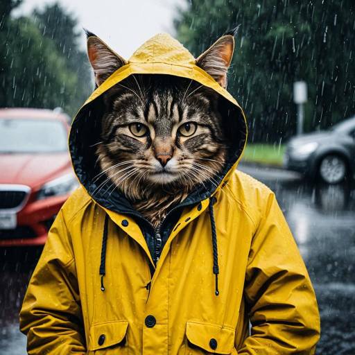Cat in Yellow Raincoat on Rainy Street