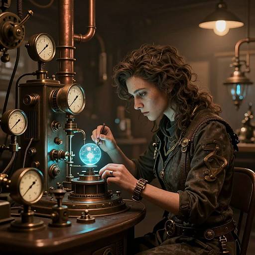 Photograph of a curly-haired woman in steampunk attire, meticulously fixing a glowing blue light in a dimly lit workshop with vintage brass gauges