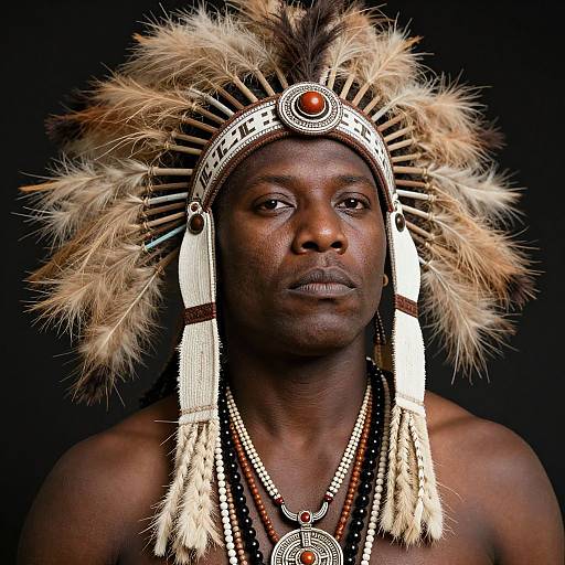 Photograph of a muscular Black man with dark skin wearing a Native American-style feathered headdress, beaded necklaces, and a circular red and