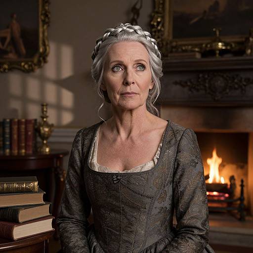 Photograph of an elderly white woman with gray hair in a braid, wearing a black Renaissance-style dress, standing in a dimly lit, warm