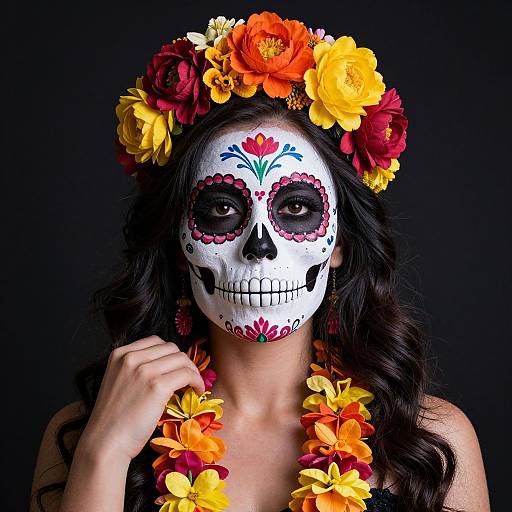Photograph of a woman with a white sugar skull face mask, black hair, flower crown, and lei, against a black background.