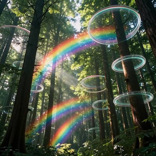 Photograph of a sunlit forest with tall trees, colorful rainbow arcs, and translucent soap bubble-like rings floating among the trees.