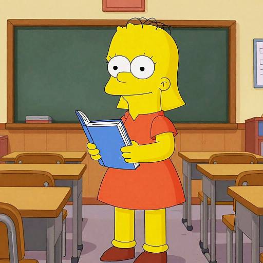 Cartoon of yellow-haired girl in red dress reading a blue book in a classroom with wooden desks and a green chalkboard.