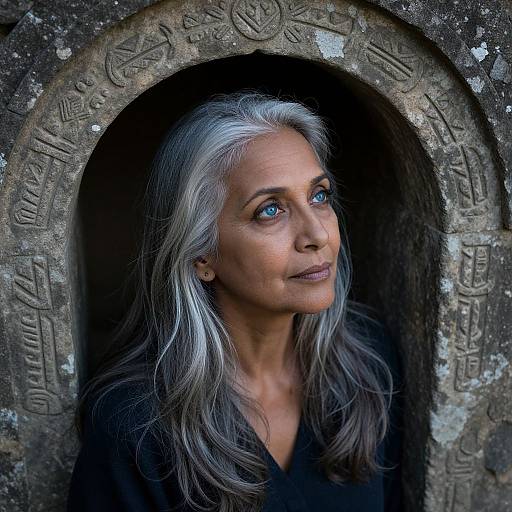 Photograph of a middle-aged woman with silver-gray hair and blue eyes, gazing upward, framed by a weathered, ancient stone archway with