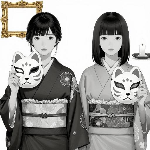 Elegant Black and White Kimono Illustration