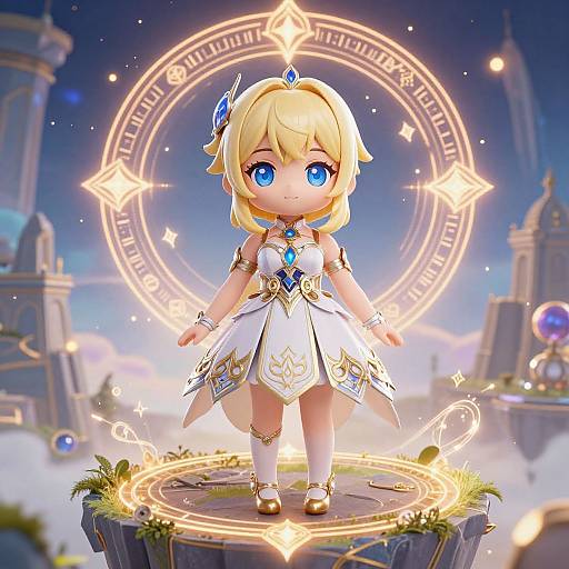 Chibi-style anime girl with blonde hair, blue eyes, and white magical dress stands on glowing rune circle in fantasy landscape.
