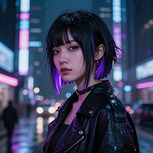 Cyberpunk-style photograph of an Asian woman with short black hair with purple highlights, wearing a wet black leather jacket, standing in a neon-lit