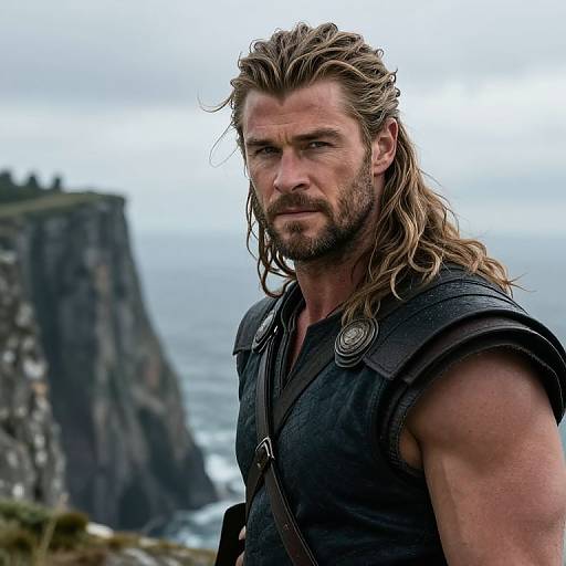 Photograph of a muscular, bearded man with long, wavy blonde hair, wearing a dark leather vest, standing against a rocky coastal landscape with