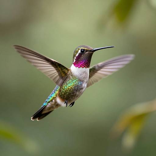 Photograph of a vibrant hummingbird mid-flight, wings blurred, iridescent green feathers, pink throat, white underbelly, against a soft