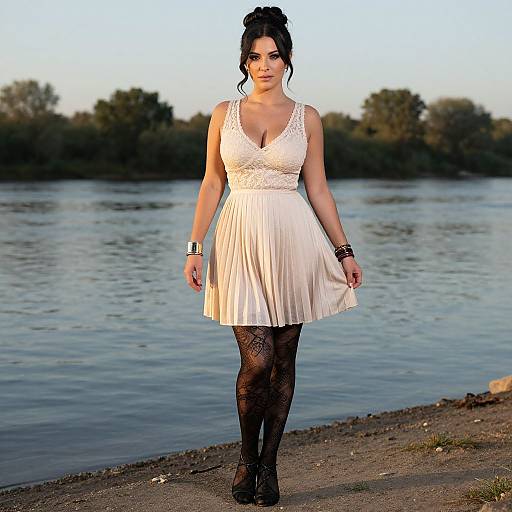 Photograph of a curvy woman with dark hair in an updo, wearing a white lace dress, black lace stockings, and black boots, walking
