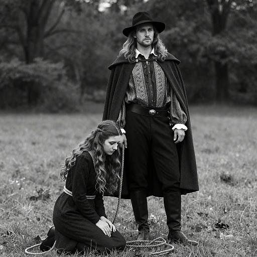Dramatic Black-and-White Period Costume Scene