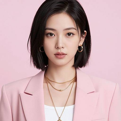 Photograph of an Asian woman with straight black bob, wearing a pink blazer, white shirt, gold necklace, and hoop earrings, against a pale