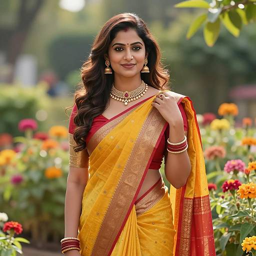 Indian Woman in Yellow and Red Saree in Garden