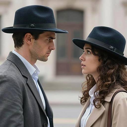 Man and Woman Facing Each Other Wearing Dark Felt Hats