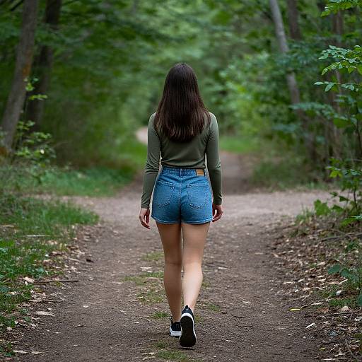 Photograph of a woman with long brown hair, green long-sleeve top, and blue denim shorts, walking away on a forest path.