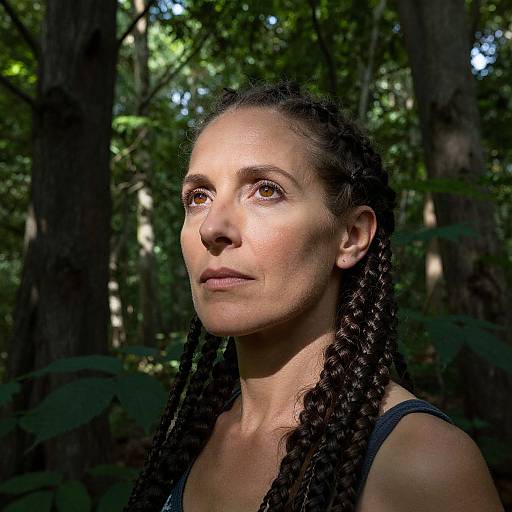 Photograph of a middle-aged woman with dark, braided hair, brown eyes, and light skin, standing in a sunlit forest. She wears
