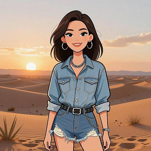 Digital illustration of a smiling young woman with medium-length dark hair, wearing a denim shirt and shorts, hoop earrings, and necklace, standing in a desert