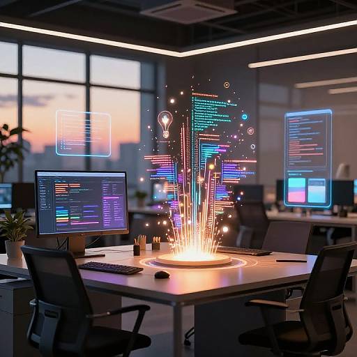 Photograph of a modern office with a glowing computer desk centerpiece, coding screens, neon light effects, and sunset through large windows.