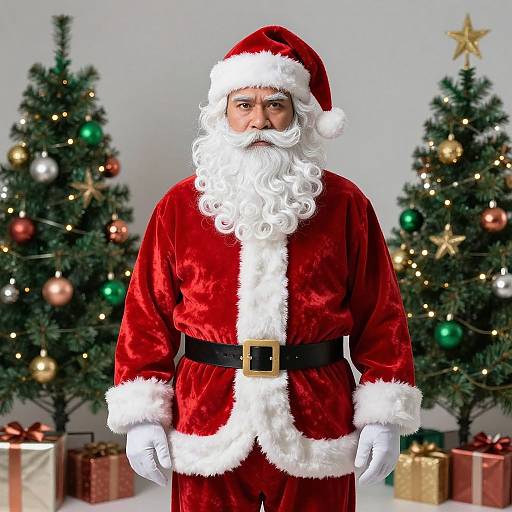 Photograph of a middle-aged white man with a full white beard and mustache, dressed as Santa Claus, standing between two decorated Christmas trees with presents