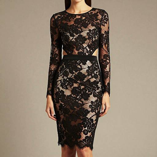 Photograph of a woman in a black lace long-sleeve crop top and high-waisted lace skirt, revealing skin through floral pattern, against