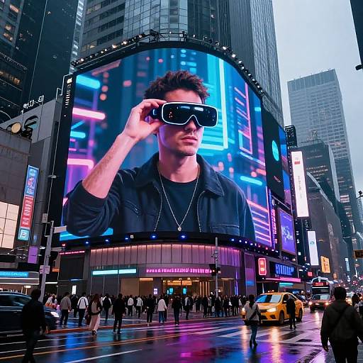 Photograph of a stylish man in black sunglasses and jacket adjusting his glasses in front of a vibrant Times Square billboard, surrounded by bustling pedestrians and yellow taxis