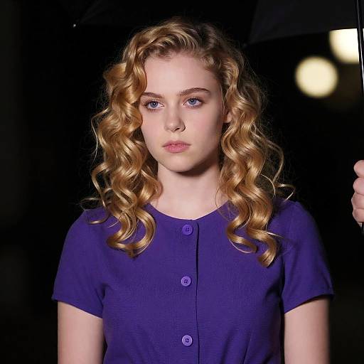 Young Woman with Curly Blonde Hair in Purple Dress