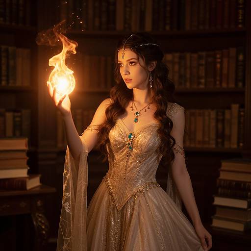 Photograph of a beautiful woman with long black hair, wearing a gold, jewel-encrusted dress, conjuring fire in a dimly lit