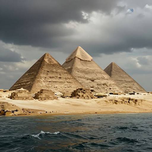 Photograph of three ancient pyramids under a dramatic, cloudy sky, with sandy terrain in the foreground and dark blue water in the bottom left.